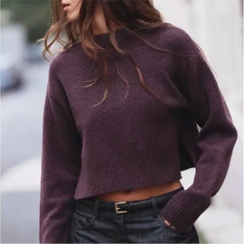 Zara Soft Cropped Round-neck Sweater in Eggplant